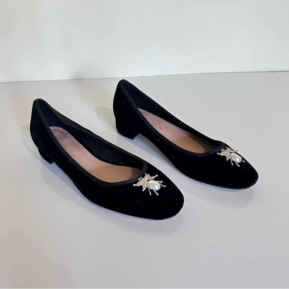 ZARA Black Velvet Insect Brooch Flats 39